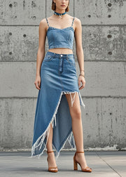 Classy Blue Asymmetrical Design Denim Skirts Spring