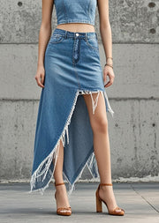 Classy Blue Asymmetrical Design Denim Skirts Spring