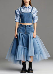 Classy Blue Asymmetrical Patchwork Tulle Denim Beach Skirt Spring