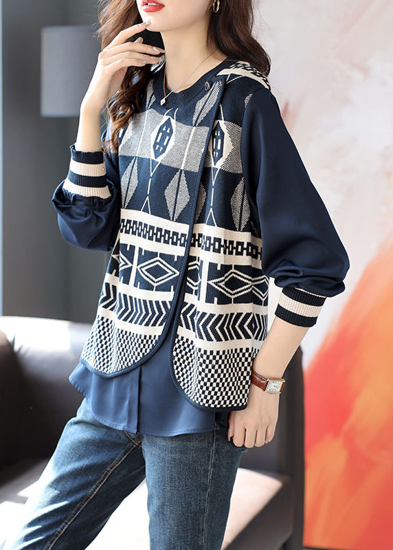 Classy Blue Asymmetrical Print Knit Patchwork Shirts Long Sleeve