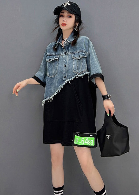 Classy Blue Asymmetrical denim Patchwork Tulle Button Pockets Mid Dresses Short Sleeve