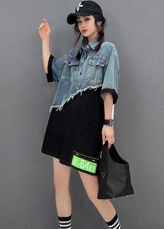 Classy Blue Asymmetrical denim Patchwork Tulle Button Pockets Mid Dresses Short Sleeve