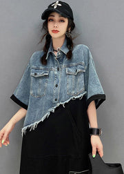 Classy Blue Asymmetrical denim Patchwork Tulle Button Pockets Mid Dresses Short Sleeve