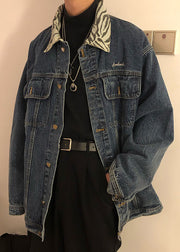 Classy Blue Button Pockets Patchwork Denim Mens Coats Fall