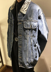 Classy Blue Button Pockets Patchwork Denim Mens Coats Fall