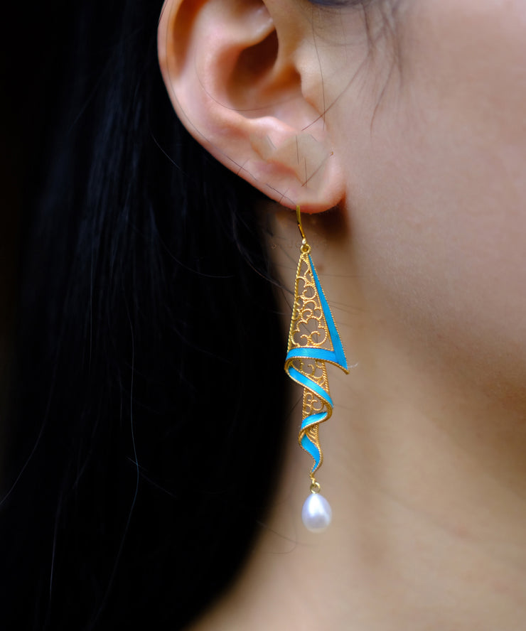 Classy Blue Copper Overgild Pearl Ribbon Hollow Out Drop Earrings