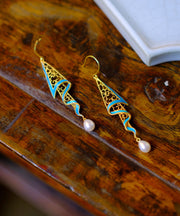 Classy Blue Copper Overgild Pearl Ribbon Hollow Out Drop Earrings