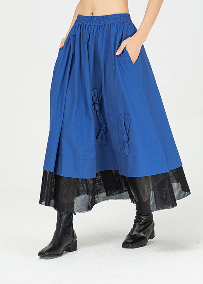 Classy Blue Elastic Waist Tulle Patchwork Bow Cotton Skirt Summer