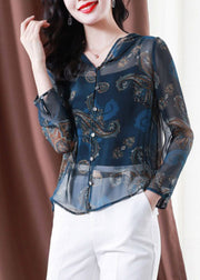 Classy Blue Embroideried Button Hooded Tulle Coat Long Sleeve