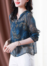 Classy Blue Embroideried Button Hooded Tulle Coat Long Sleeve