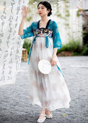 Classy Blue Embroideried Lace Up Patchwork Chiffon Dress Summer