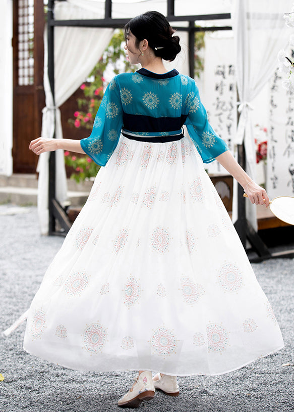 Classy Blue Embroideried Lace Up Patchwork Chiffon Dress Summer