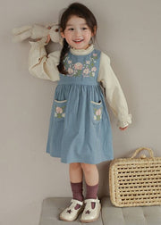 Classy Blue Embroidered Pockets Patchwork Cotton Girls Two Pieces Set Fall