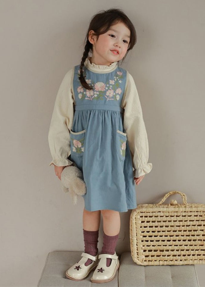 Classy Blue Embroideried Pockets Patchwork Cotton Girls Two Pieces Set Fall