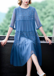 Classy Blue Embroideried Wrinkled Patchwork Chiffon Dresses Summer