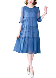 Classy Blue Embroideried Wrinkled Patchwork Chiffon Dresses Summer