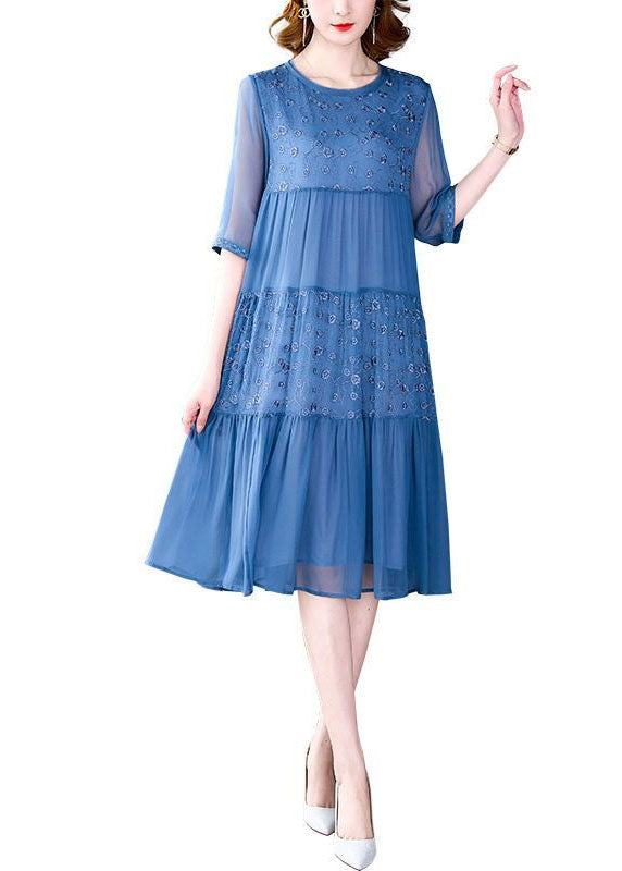 Classy Blue Embroideried Wrinkled Patchwork Chiffon Dresses Summer