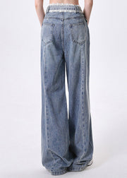 Classy Blue Hight Waist Patchwork Lace Denim Straight Pants Spring