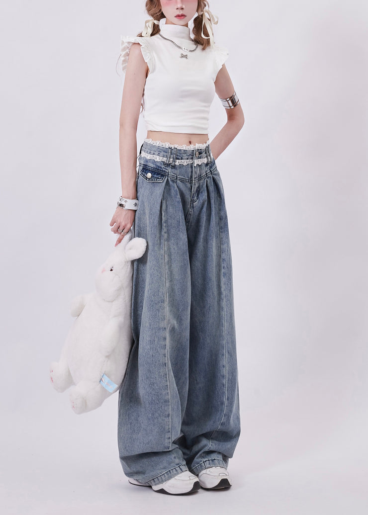 Classy Blue Hight Waist Patchwork Lace Denim Straight Pants Spring