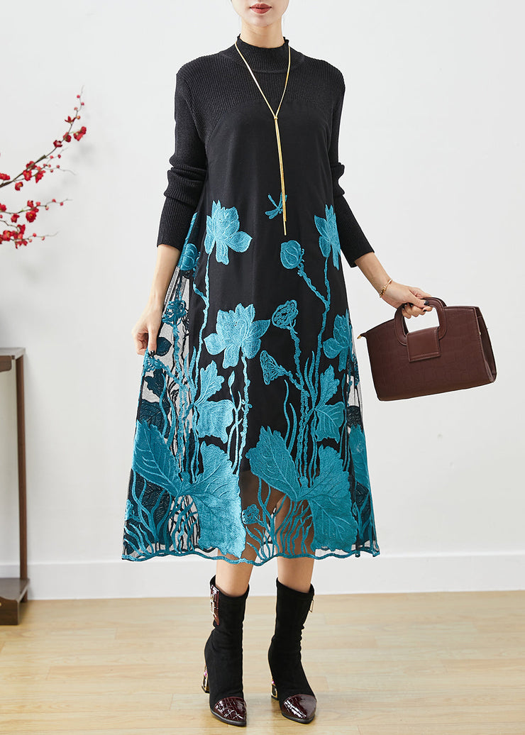 Classy Blue Lotus Embroidered Patchwork Knit Holiday Dress Fall