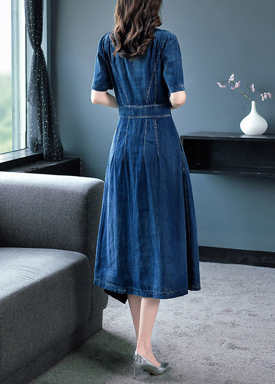 Classy Blue O-Neck Asymmetrical Patchwork Solid Cotton Holiday Denim Maxi Dress Short Sleeve