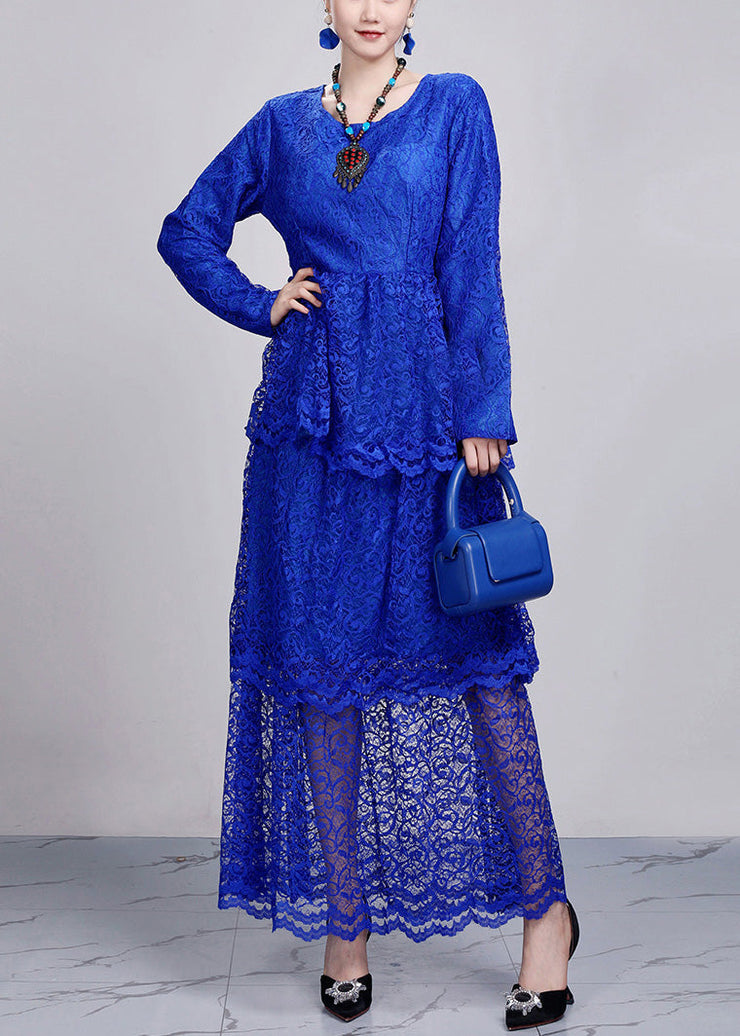 Classy Blue O Neck Hollow Out Lace Long Dress Fall