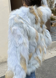 Classy Blue O-Neck Leather And Fur Coat Spring