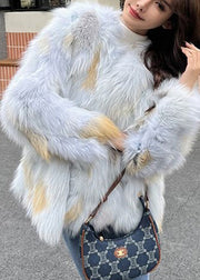 Classy Blue O-Neck Leather And Fur Coat Spring