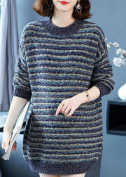 Classy Blue O Neck Striped Woolen Knit Sweaters Spring