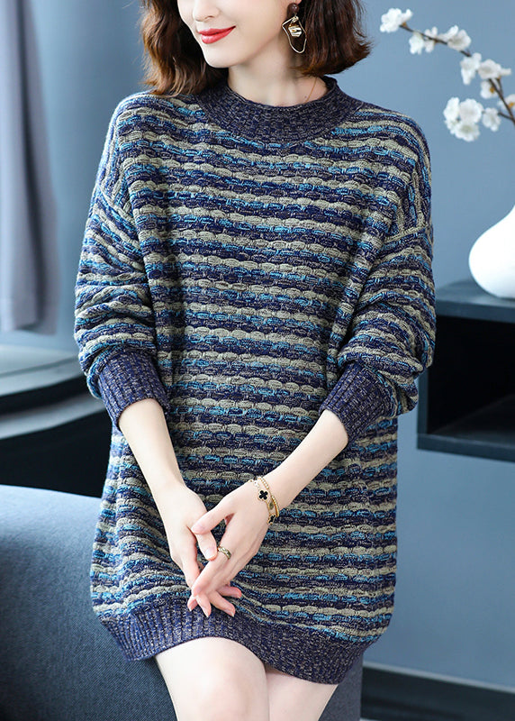 Classy Blue O Neck Striped Woolen Knit Sweaters Spring