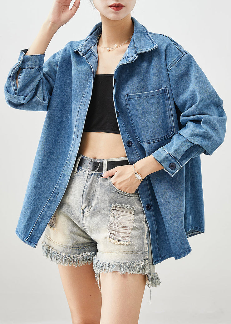 Classy Blue Oversized Pocket Denim Shirt Fall