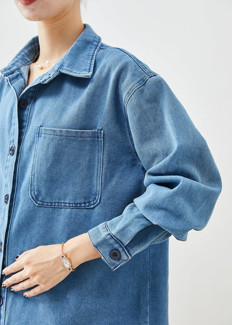 Classy Blue Oversized Pocket Denim Shirt Fall