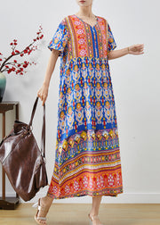 Classy Blue Oversized Print Cotton Maxi Dresses Summer