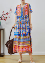 Classy Blue Oversized Print Cotton Maxi Dresses Summer