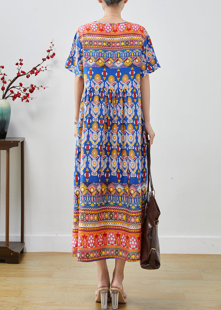 Classy Blue Oversized Print Cotton Maxi Dresses Summer