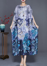 Classy Blue Oversized Print Silk Maxi Dress Batwing Sleeve