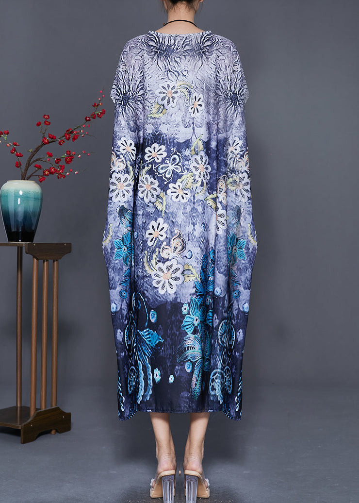 Classy Blue Oversized Print Silk Maxi Dress Batwing Sleeve