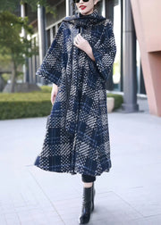 Classy Blue Plaid Bow Button Loose Woolen Coats Winter