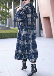 Classy Blue Plaid Bow Button Loose Woolen Coats Winter