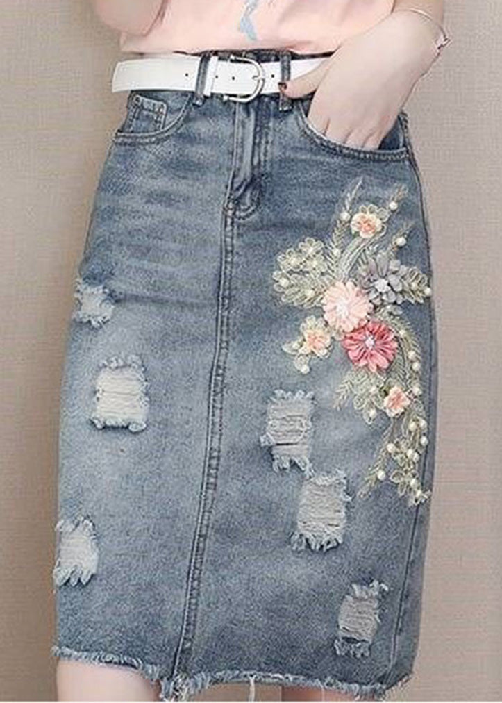 Classy Blue Pockets Nail Bead Hole Sashes Denim Skirts Summe