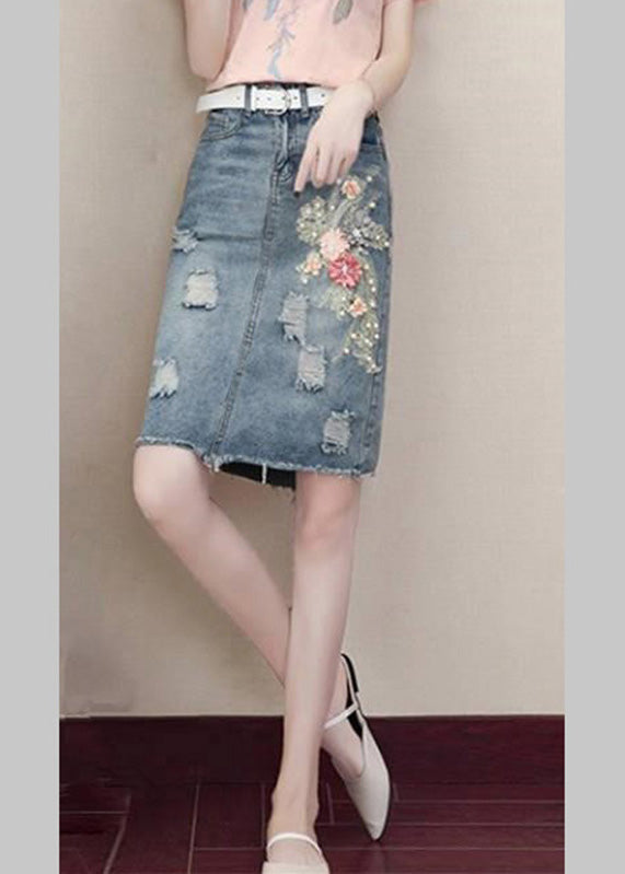 Classy Blue Pockets Nail Bead Hole Sashes Denim Skirts Summe