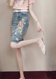 Classy Blue Pockets Nail Bead Hole Sashes Denim Skirts Summe