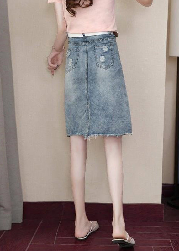 Classy Blue Pockets Nail Bead Hole Sashes Denim Skirts Summe