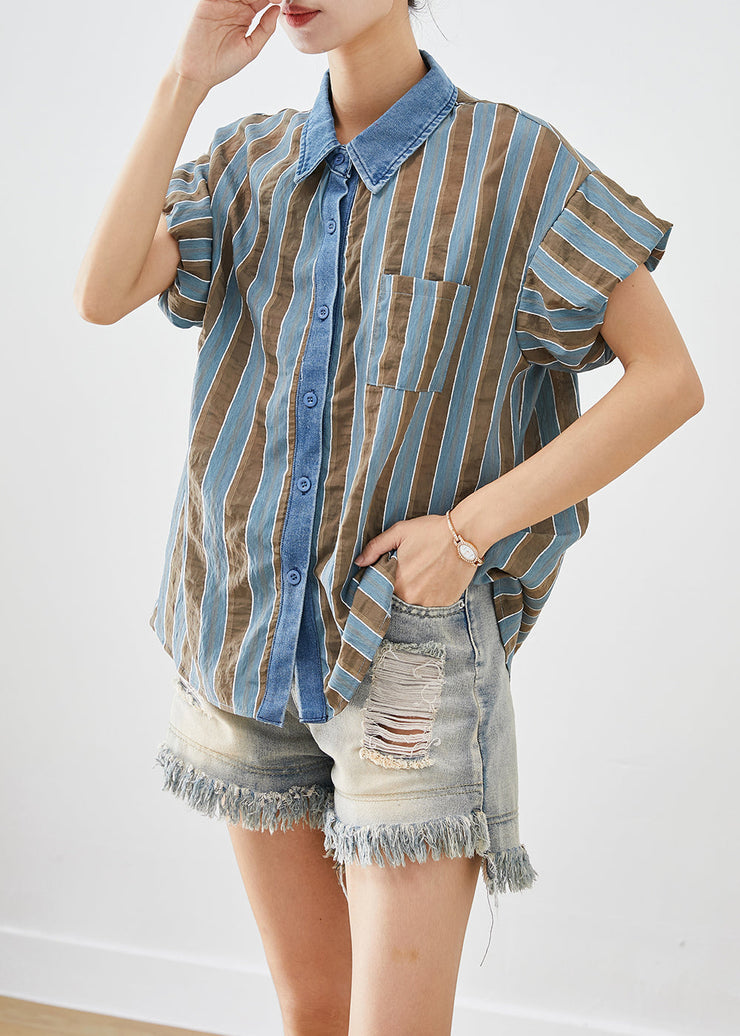 Classy Blue Puff Sleeve Striped Cotton Shirt Top Summer