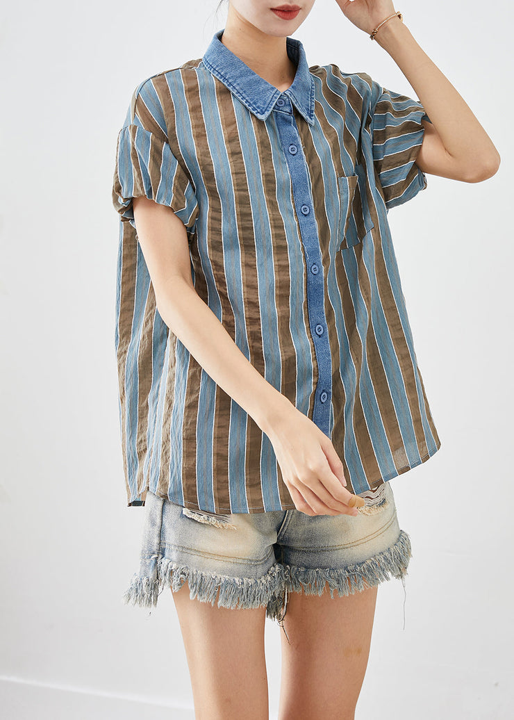 Classy Blue Puff Sleeve Striped Cotton Shirt Top Summer