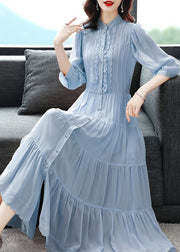 Classy Blue Ruffled Button Patchwork Silk Long Dresses Summer