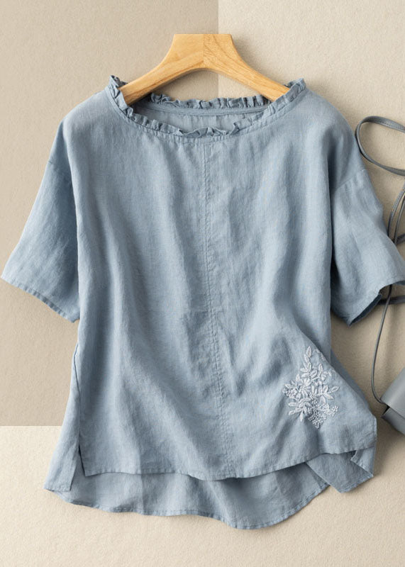 Classy Blue Ruffled Embroidered Patchwork Cotton T Shirts Tops Summer