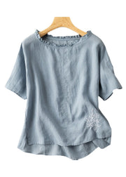 Classy Blue Ruffled Embroidered Patchwork Cotton T Shirts Tops Summer