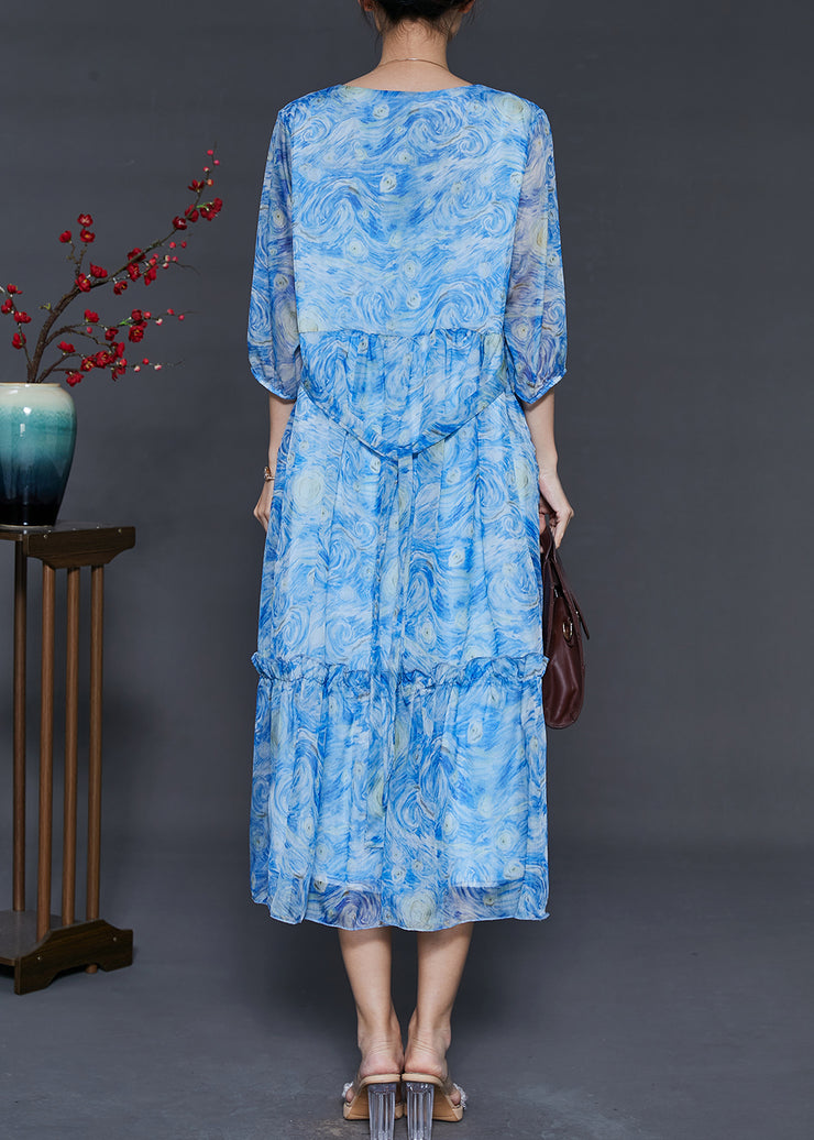 Classy Blue Ruffled Print Chiffon Long Dress Summer