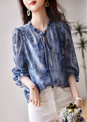 Classy Blue Ruffled Print Patchwork Chiffon Shirts Top Long Sleeve